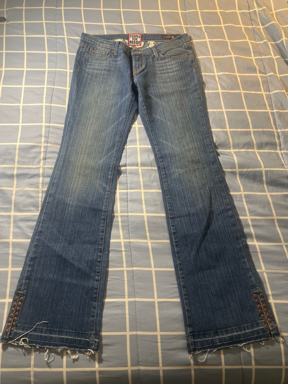 People for Peace Mid-Rise Blue Flare Jeans with Hem Button Detail